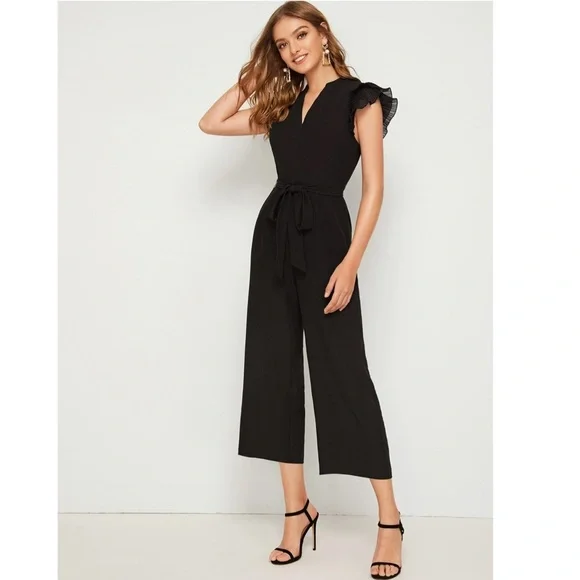 Black Elegant Belted Jumpsuit V-Neck Cap Short Sleeve - Picture 2 of 8